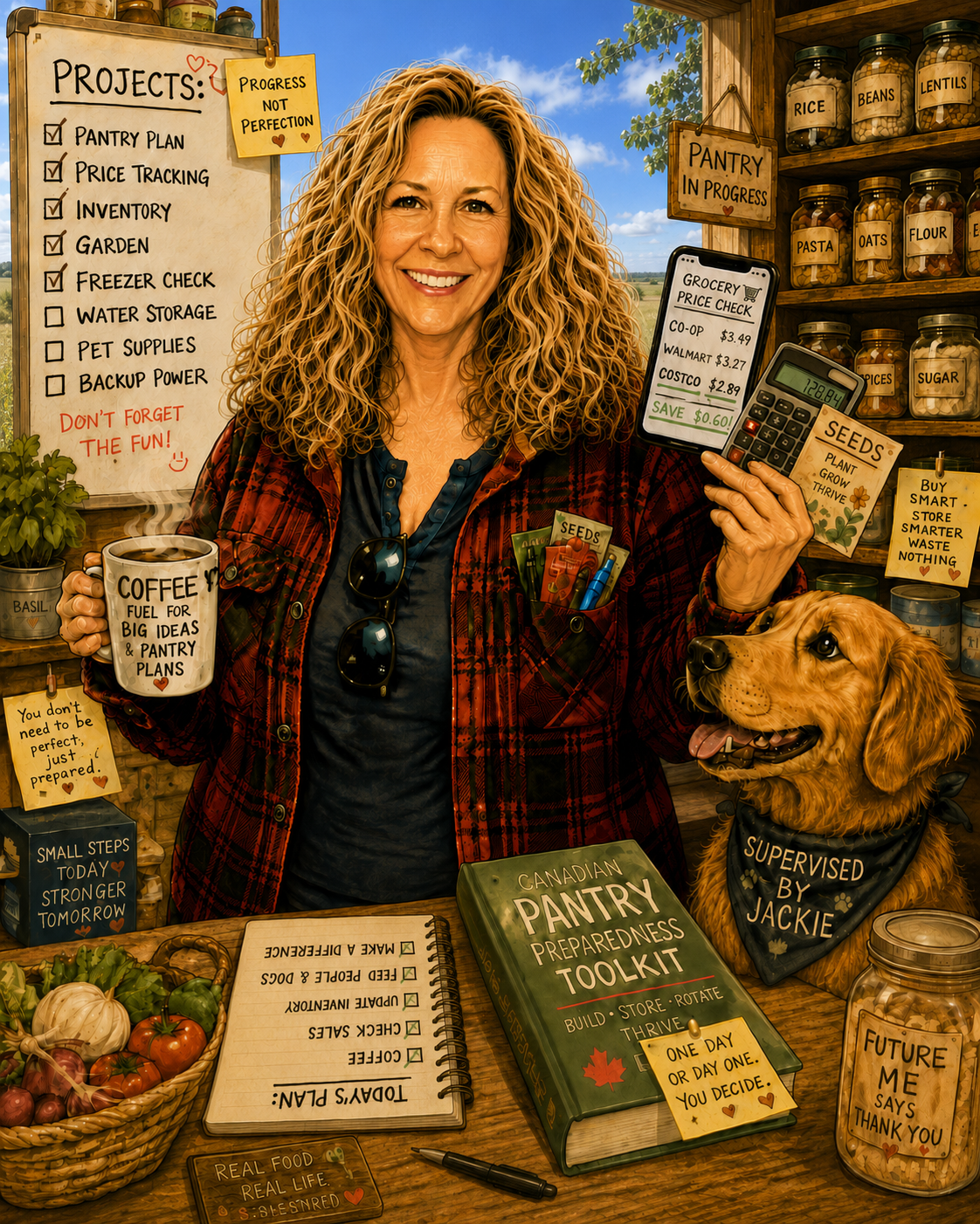 Illustration of Bonnie planning a Canadian pantry beside a dog, with a Saskatchewan prairie view